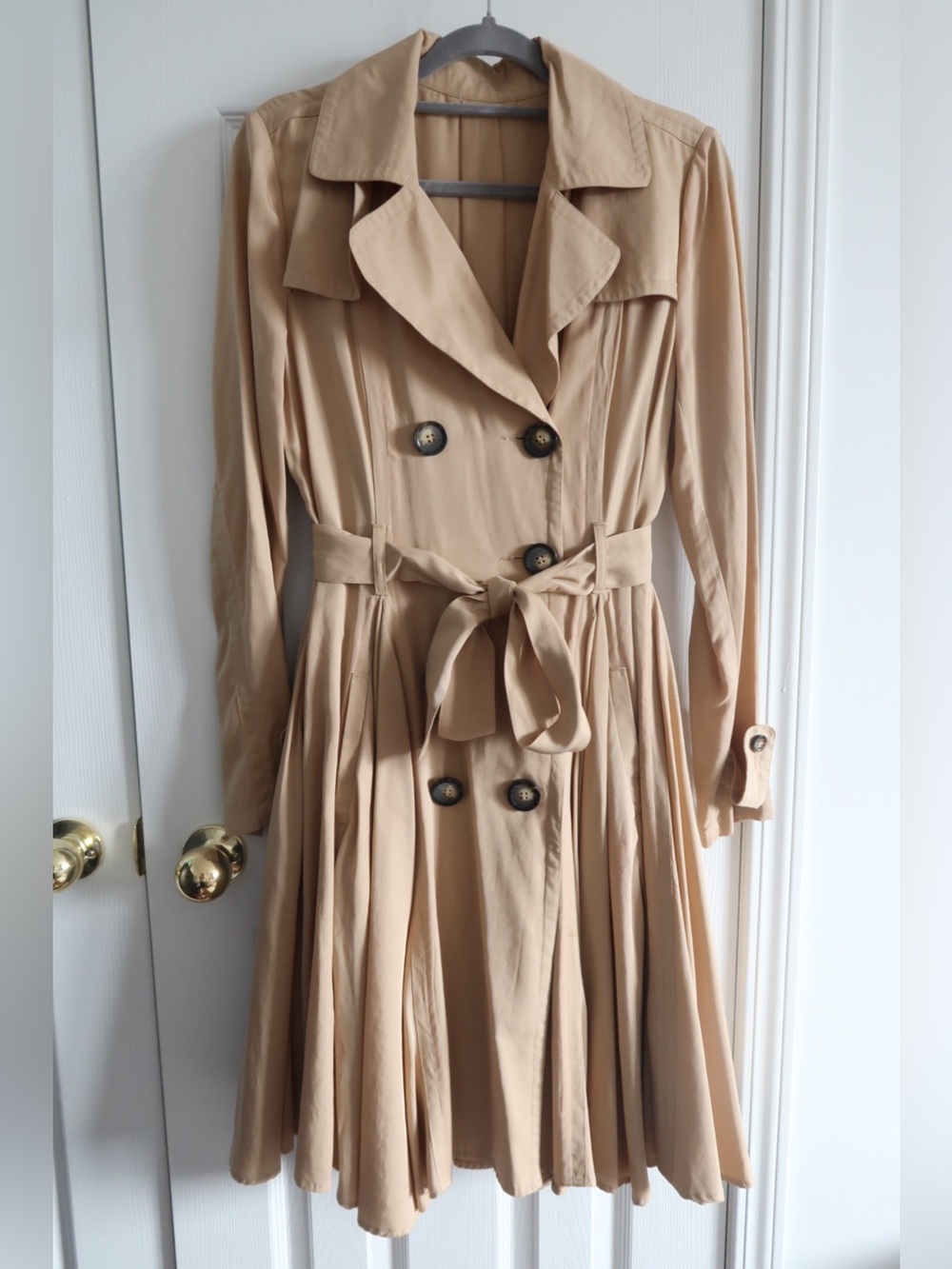 Anthropologie A-line Classic Beige Pleated Trench Coat with Waist Tie